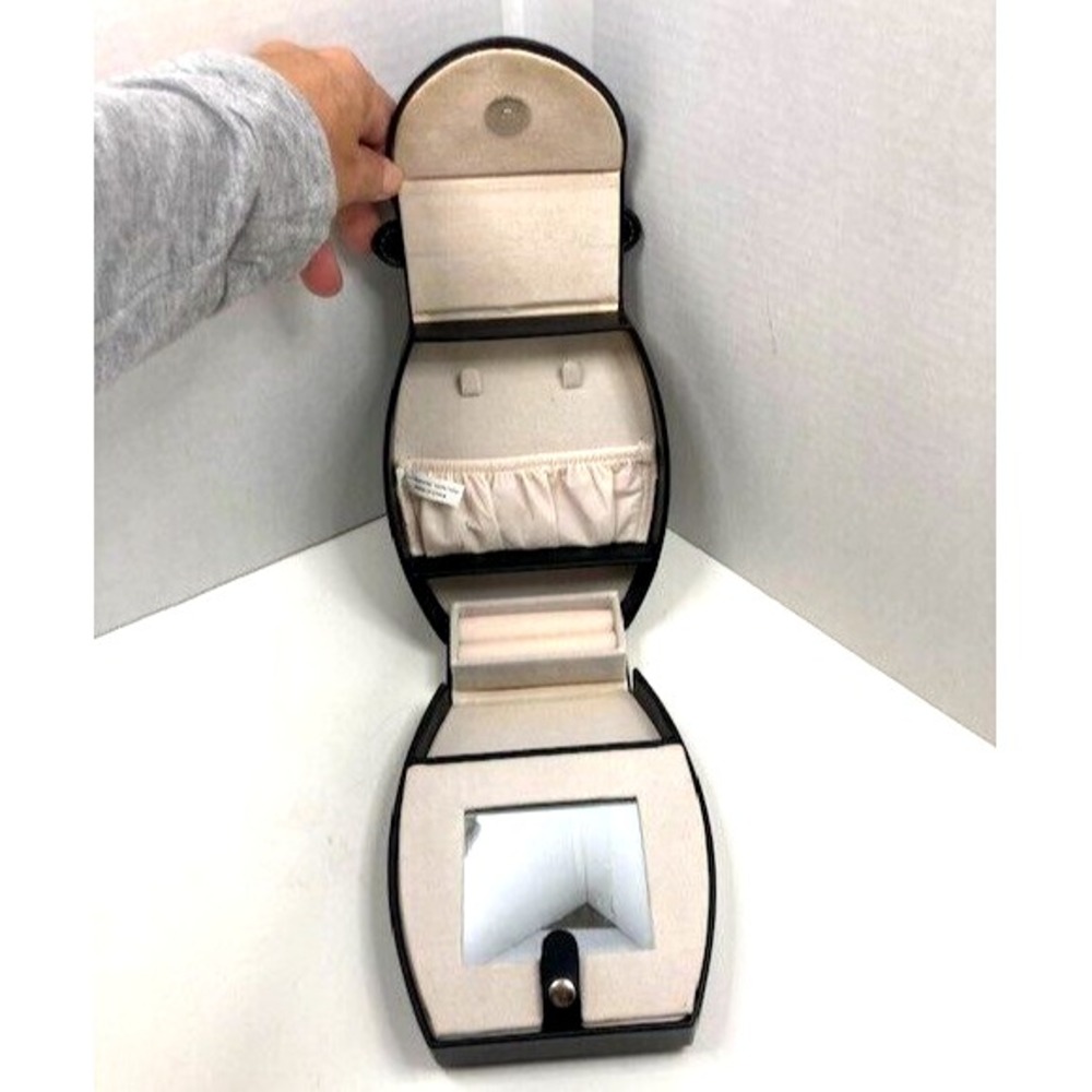 New Black Leather Travel Jewelry Case Mirror, Hard Outer Snap Case - Picture 5 of 13